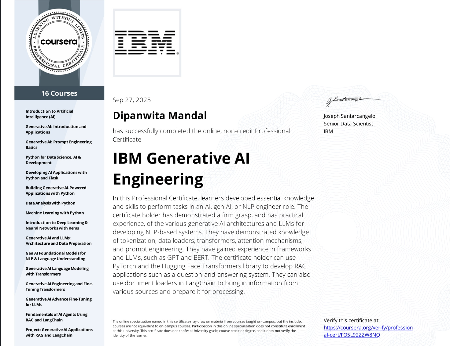 IBM Generative AI Engineering certificate