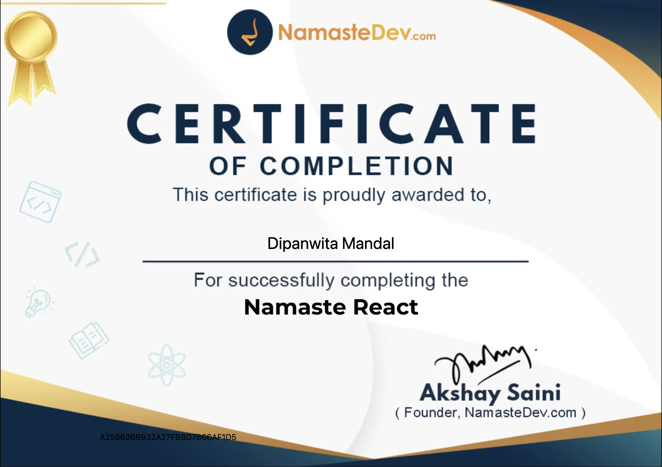 Namaste React certificate
